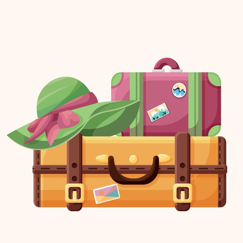 A big orange vintage suitcase and a small cute pink luggage with stickers and a big green women's summer hat. Elements for summer travel and vacation vector