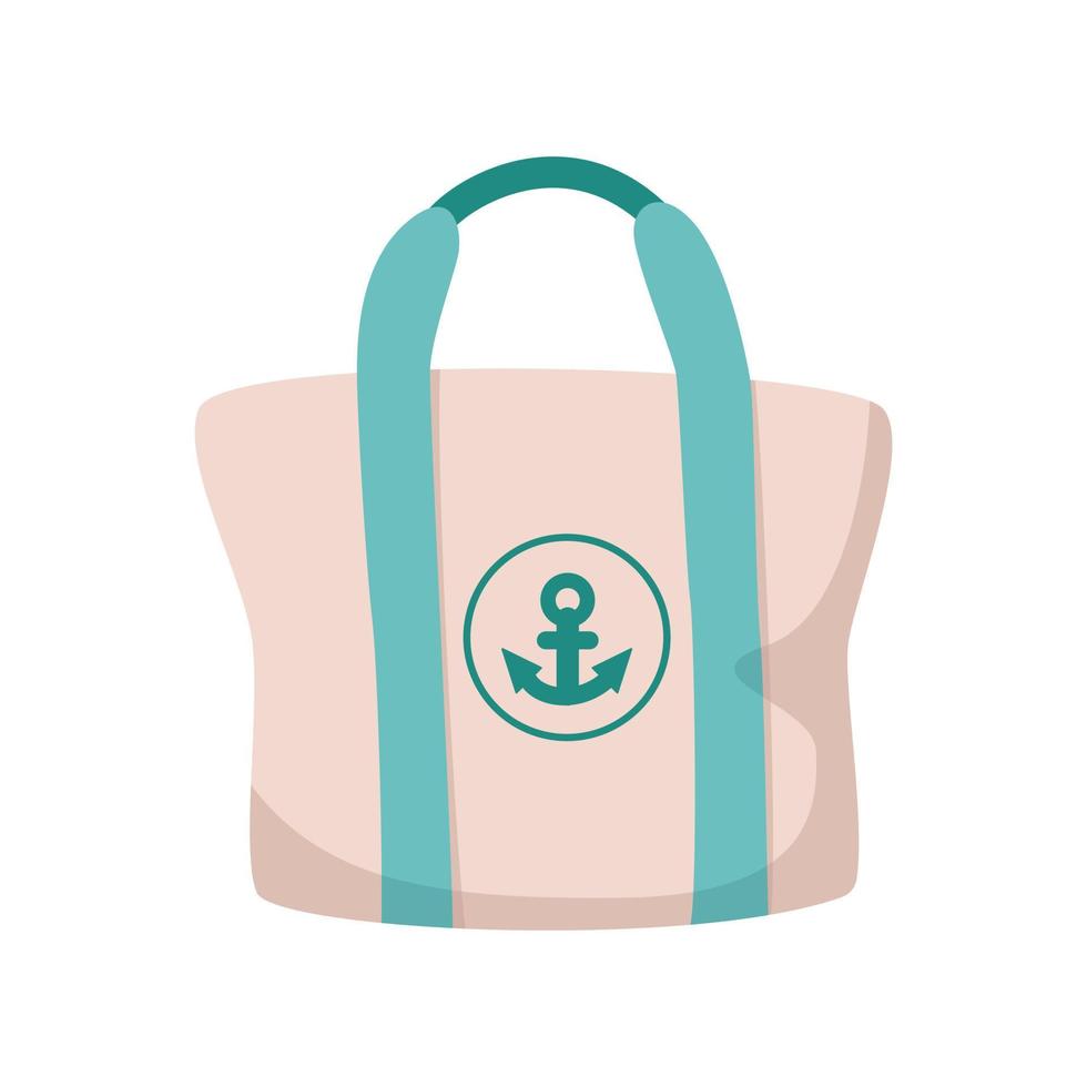 Canvas bag with painted anchor for beach, isolated on white background. Fashionable female accessory for recreation, vacation, going to beach. Vector illustration in flat style