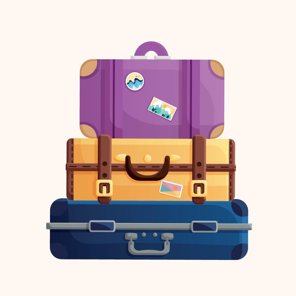 A stack of three different multi-colored detailed suitcases for things with stickers. A blue new case, an orange leather vintage valise, and a cute purple handbag. Elements for travel and vacation vector