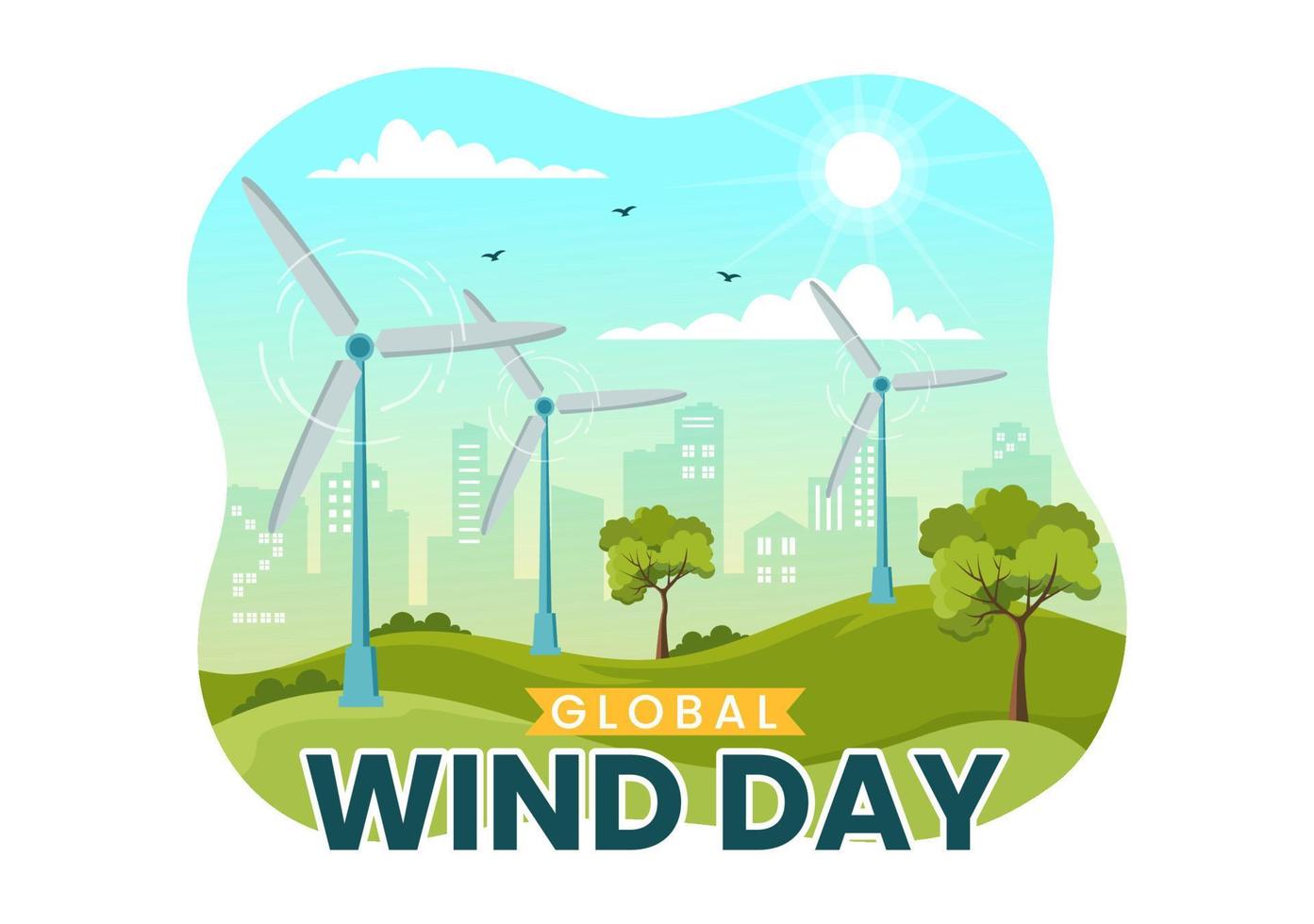 Global Wind Day Vector Illustration on June 15 with Earth Globe and Winds Turbines on Blue Sky in Flat Cartoon Hand Drawn Landing Page Templates