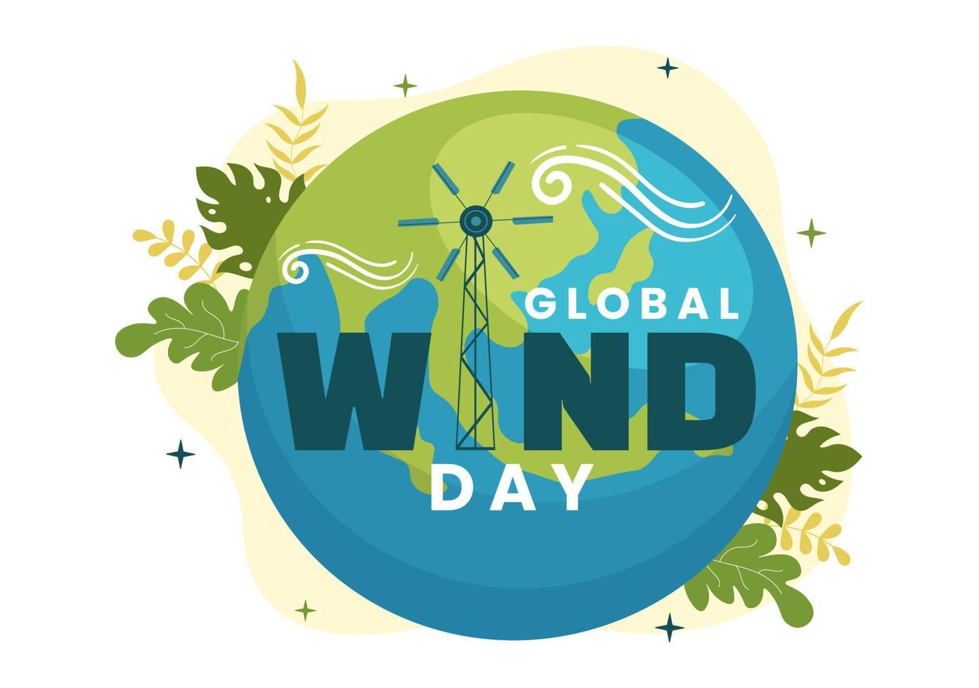 Global Wind Day Vector Illustration on June 15 with Earth Globe and Winds Turbines on Blue Sky in Flat Cartoon Hand Drawn Landing Page Templates