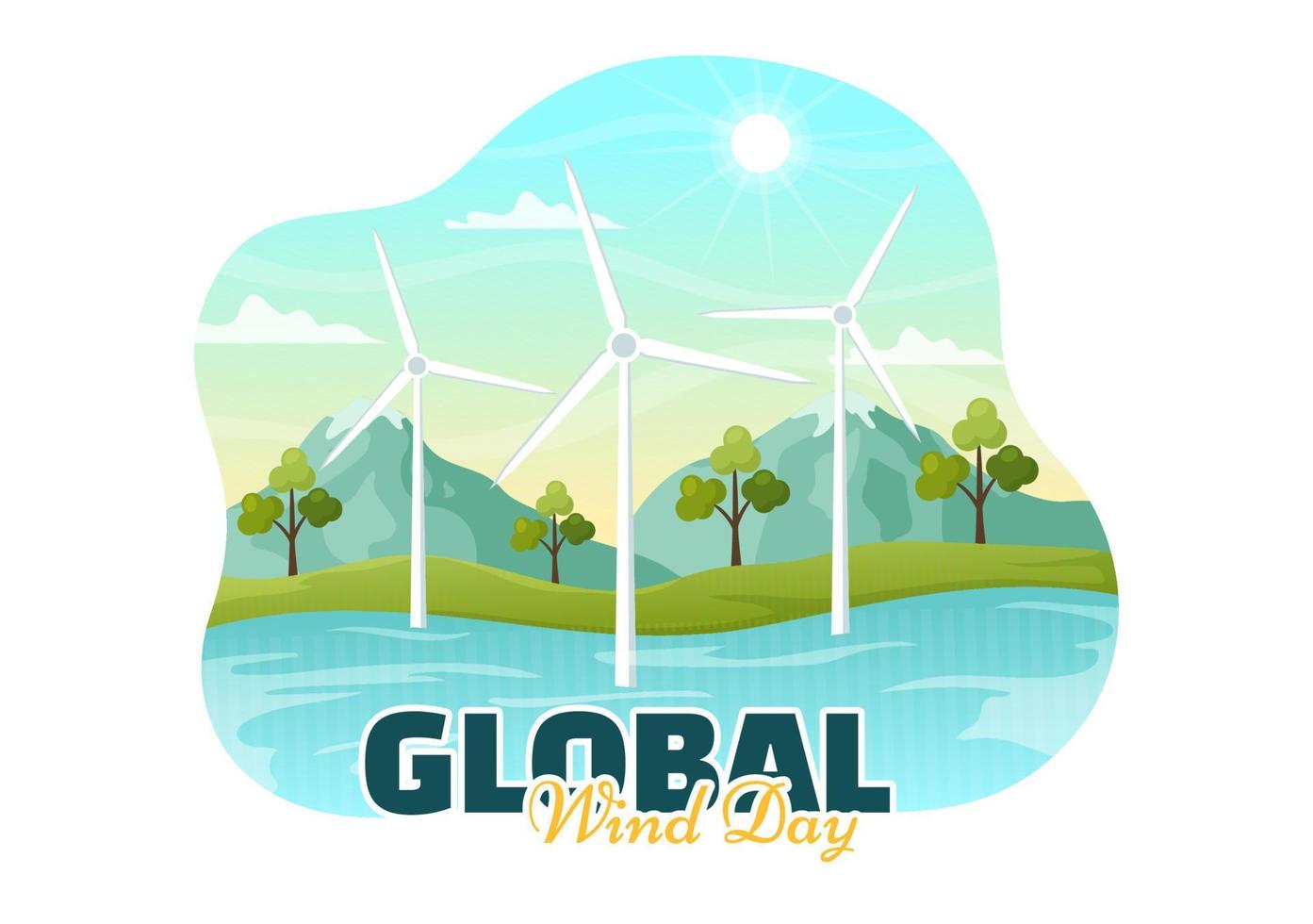 Global Wind Day Vector Illustration on June 15 with Earth Globe and Winds Turbines on Blue Sky in Flat Cartoon Hand Drawn Landing Page Templates