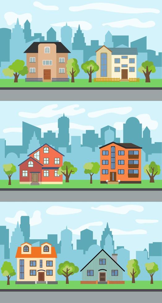 Set of three vector illustrations of city street with cartoon houses and trees. Summer urban landscape. Street view with cityscape on a background