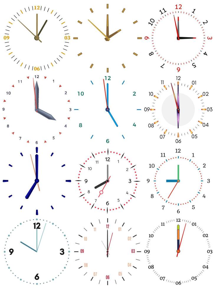 A set of different mechanical clocks with an image of each of the twelve hours. Clock face on white background. vector