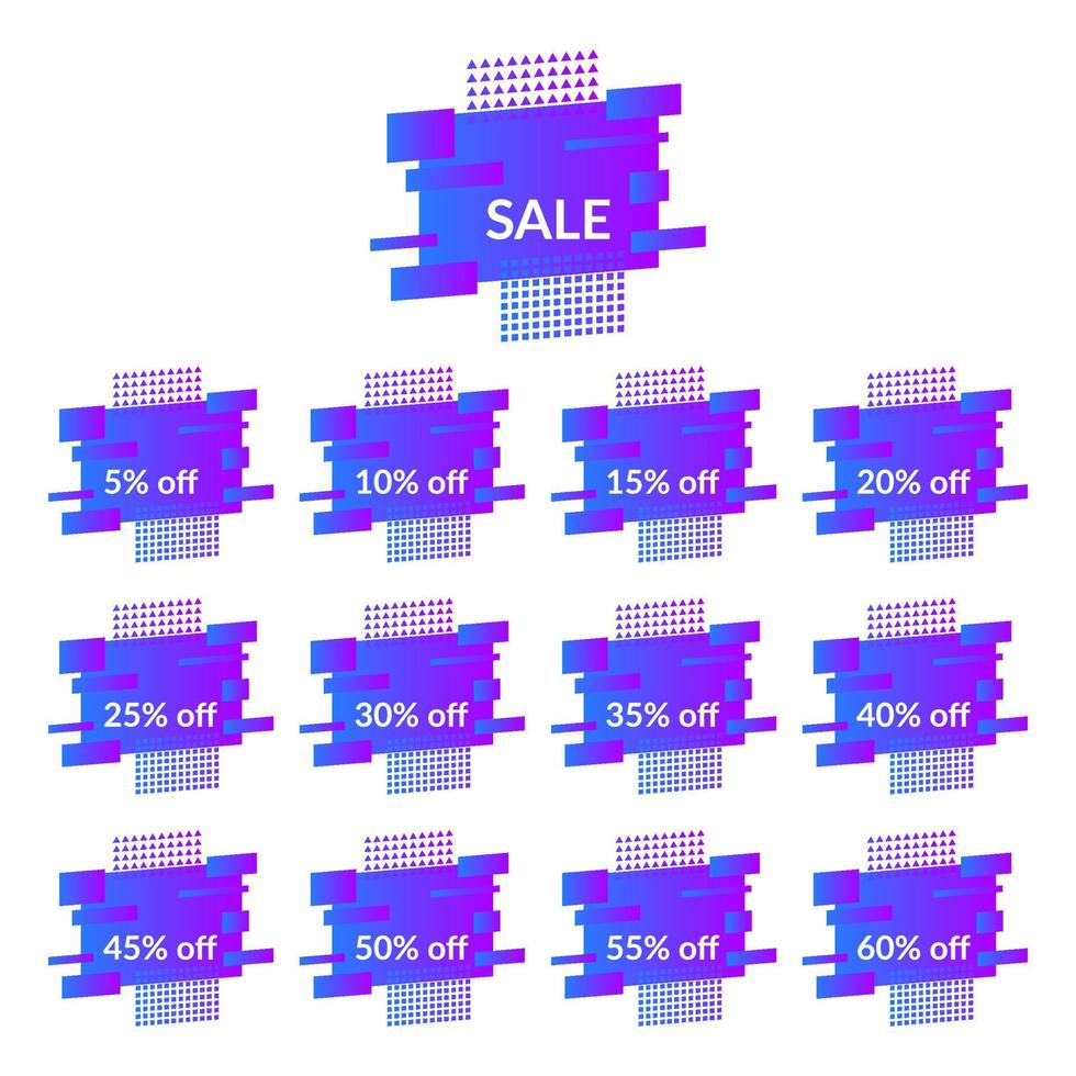 Set of blue sale banners on the modern gradient shape. Geometric trendy banners with discounts of five to sixty percent. Modern gradient shape with promotion text. Vector illustration.