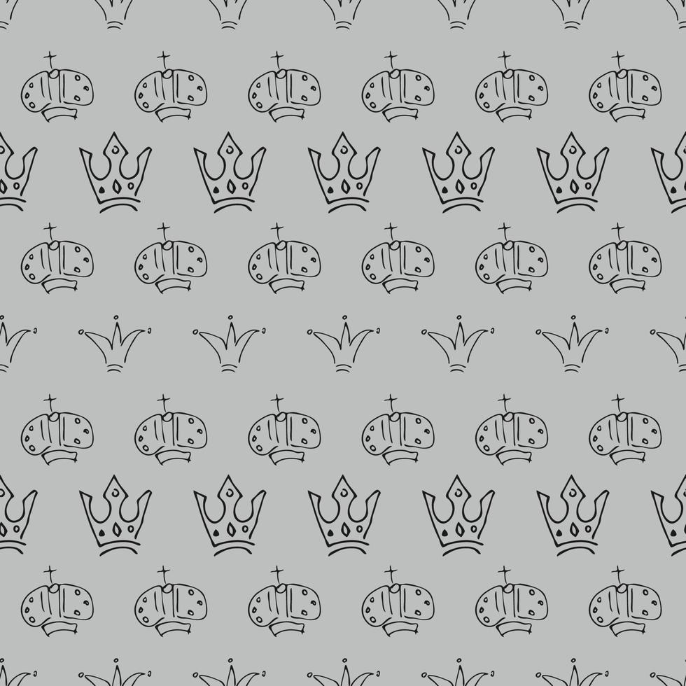 Hand drawn crowns. Seamless pattern of simple graffiti sketch queen or king crowns. Royal imperial coronation and monarch symbols. Vector illustration.
