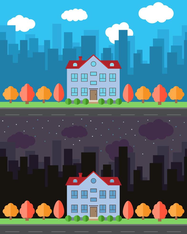 Vector city with cartoon house in the day and night.Summer urban landscape. Street view with cityscape on a background