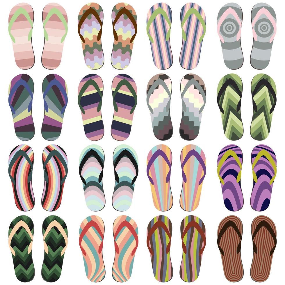 Set of Beach Slippers. Colorful Summer Flip Flops Isolated on White Background vector