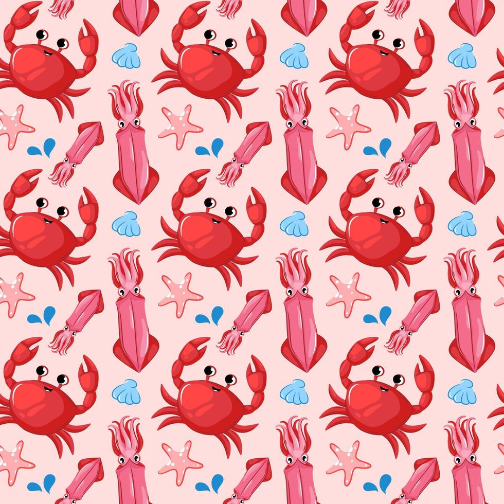 Vector seamless pattern underwater. Repeat the background with crabs, starfish, squid. Funny illustration in pink with cute sea animals