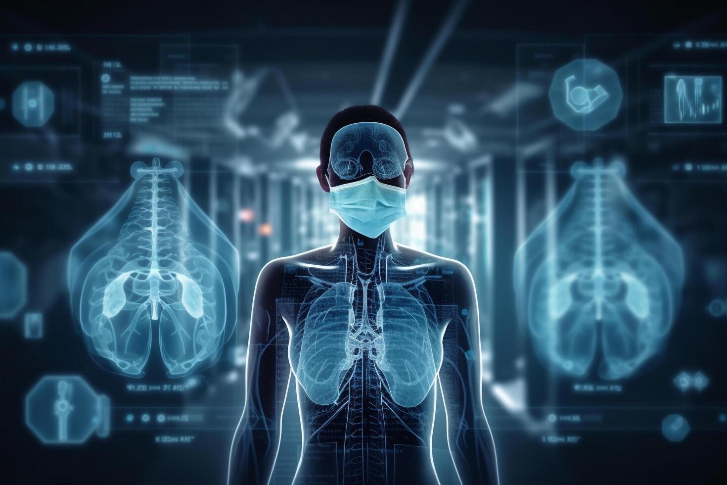 Healthcare and medicine, Virus, Doctor and robotics research diagnose virtual Human Lungs with virus spread inside photo