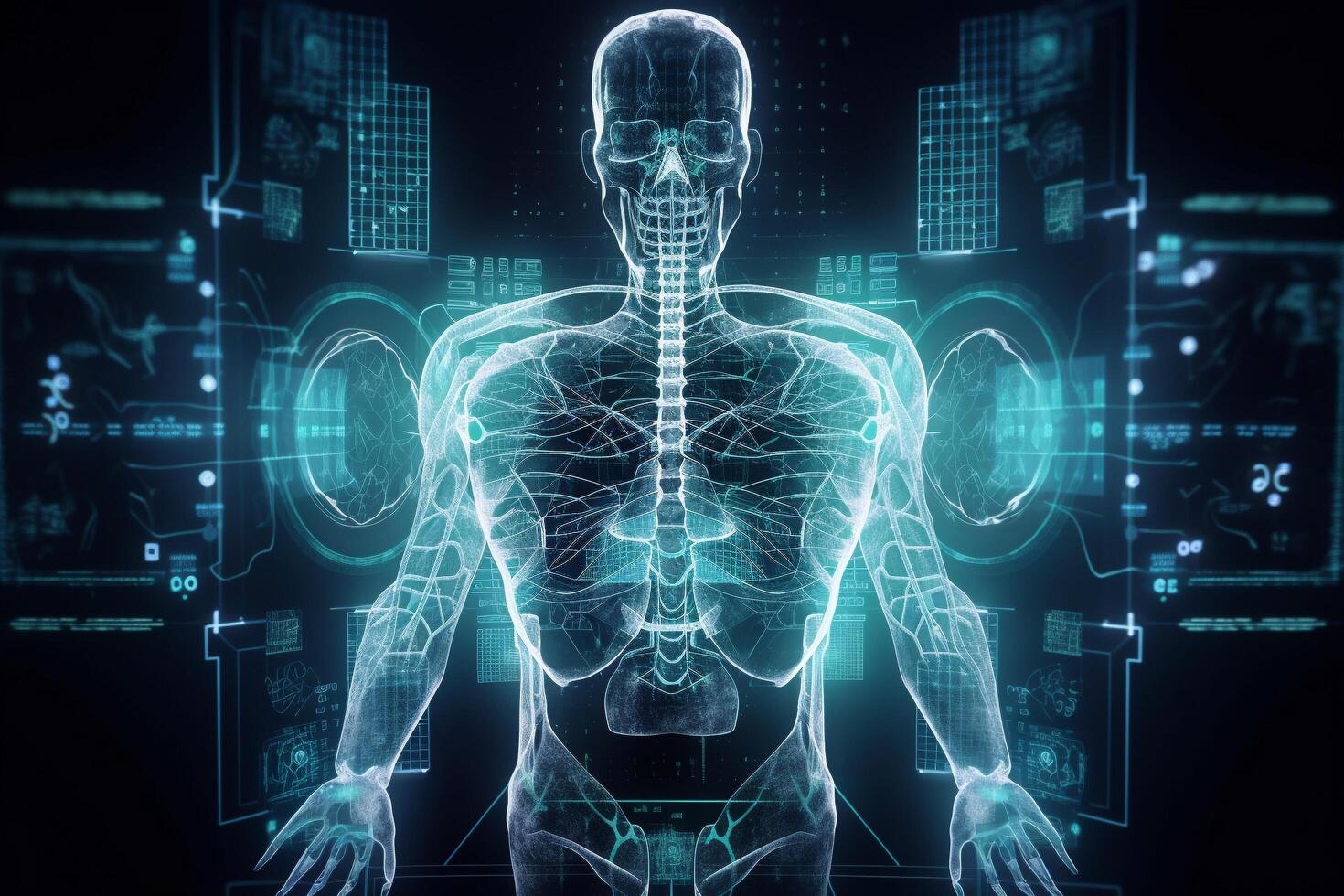 Healthcare and medicine, Virus, Doctor and robotics research diagnose virtual Human Lungs with virus spread inside photo