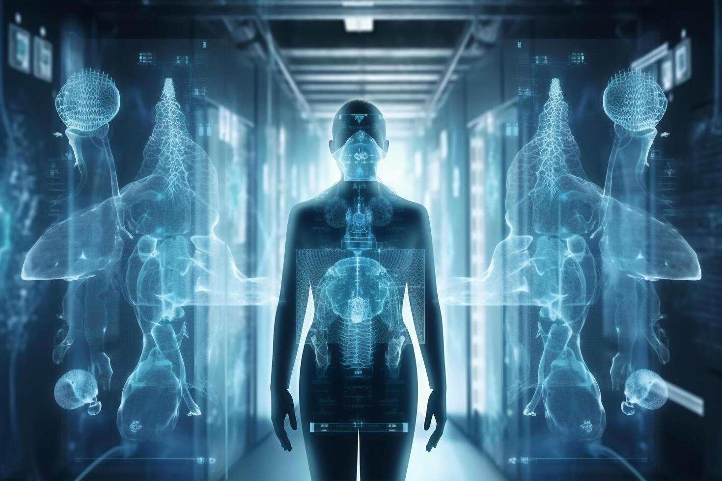 cuidado de la salud y medicamento, virus, médico y robótica investigación diagnosticar virtual humano livianos con virus untado dentro ai generativo foto