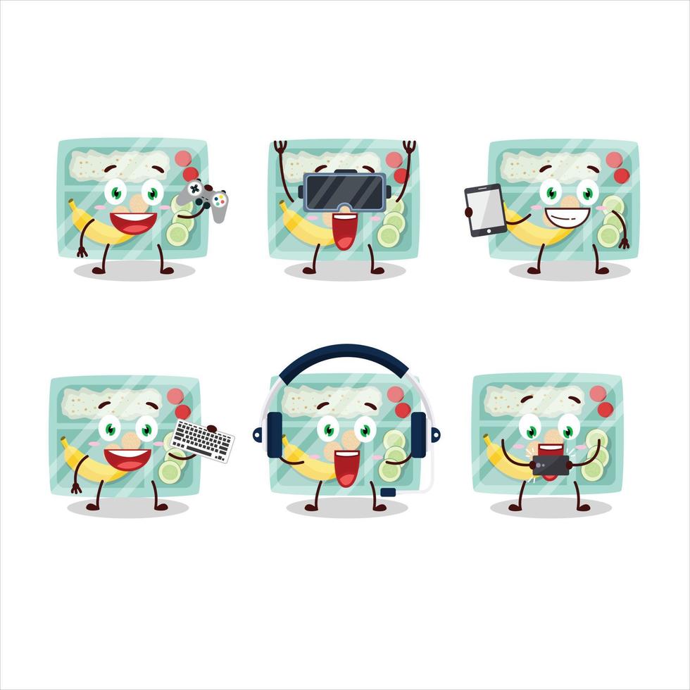 Lunch box cartoon character are playing games with various cute emoticons vector