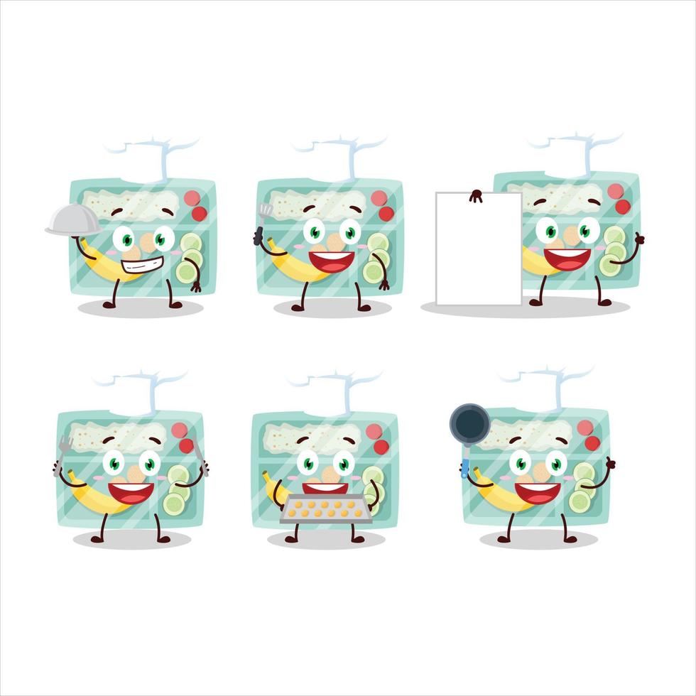 Cartoon character of lunch box with various chef emoticons vector