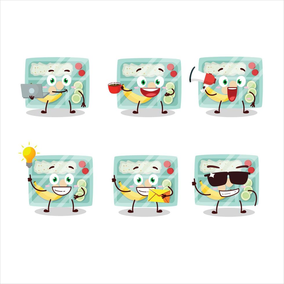 Lunch box cartoon character with various types of business emoticons vector