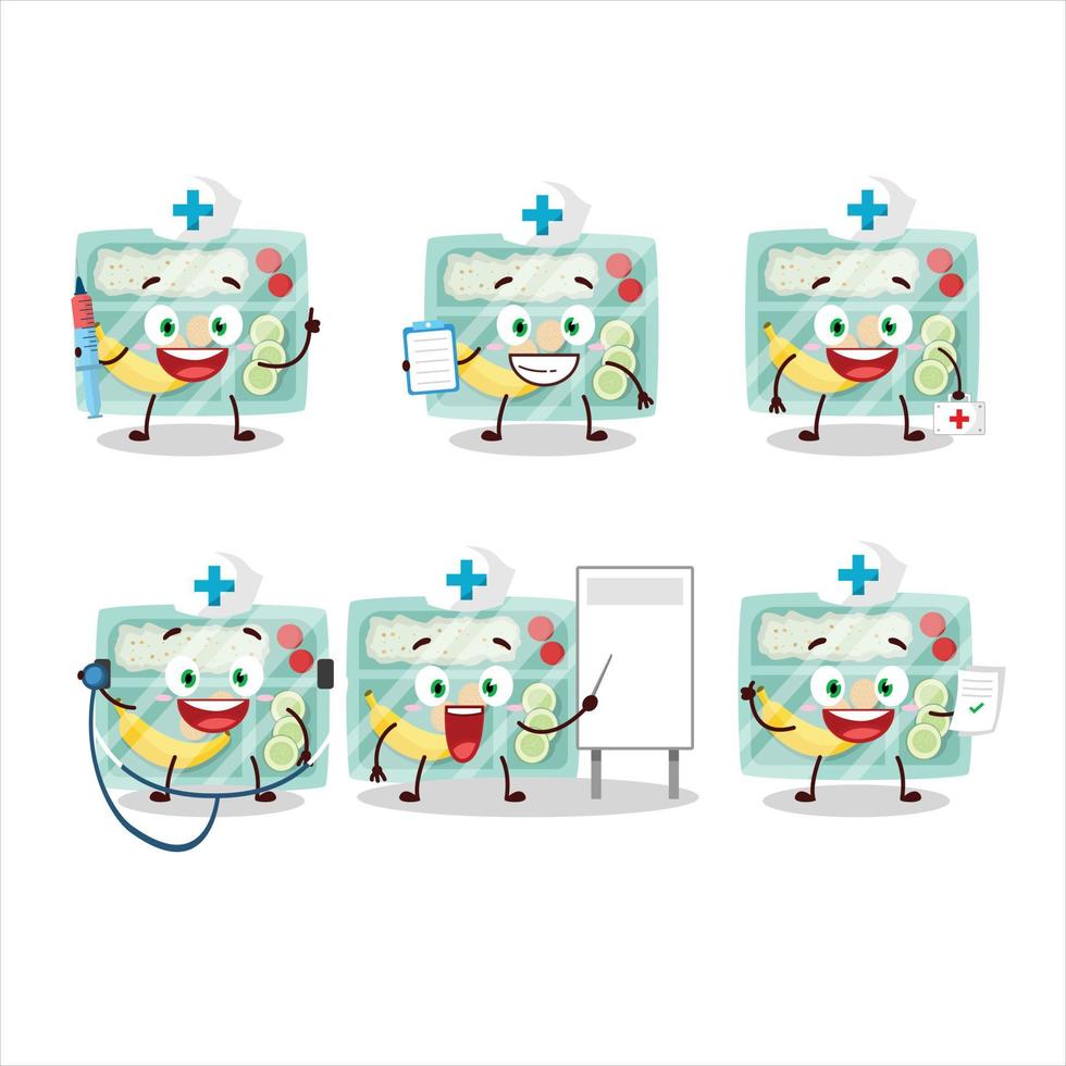 médico profesión emoticon con almuerzo caja dibujos animados personaje vector