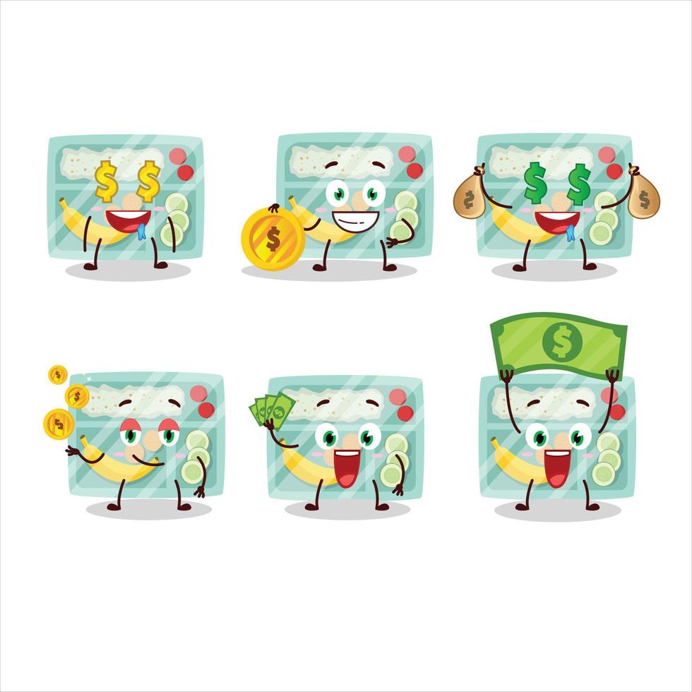 almuerzo caja dibujos animados personaje con linda emoticon traer dinero vector