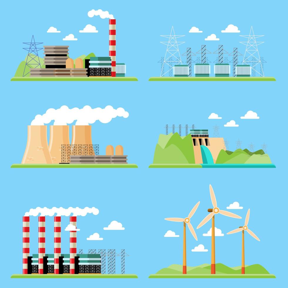 Vector illustration showing clean and polluting electricity generation production. Factory power generation, Coal Plants, Nuclear Plants, Wind Power, Hydro Power