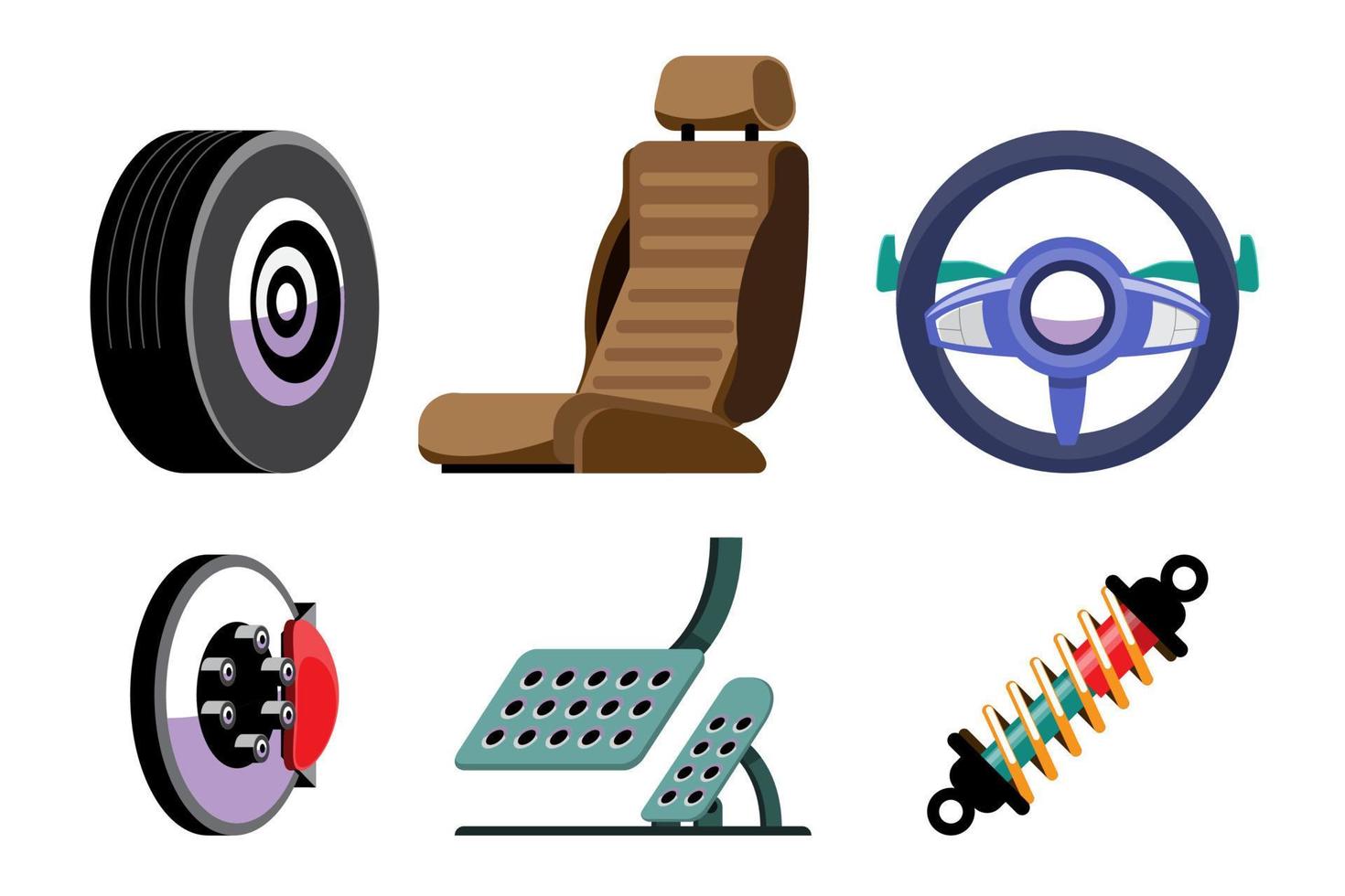 Automobile accessories. Tires, car seats, steering wheels, disc brakes, brake and accelerator pedals, and suspension shocks, on white background. vector