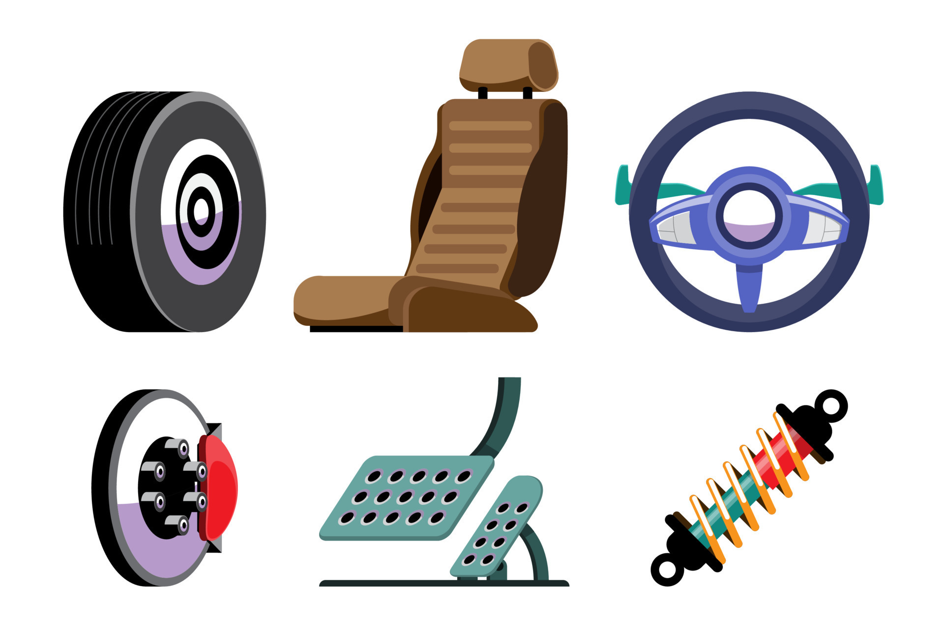 Automobile accessories. Tires, car seats, steering wheels, disc brakes