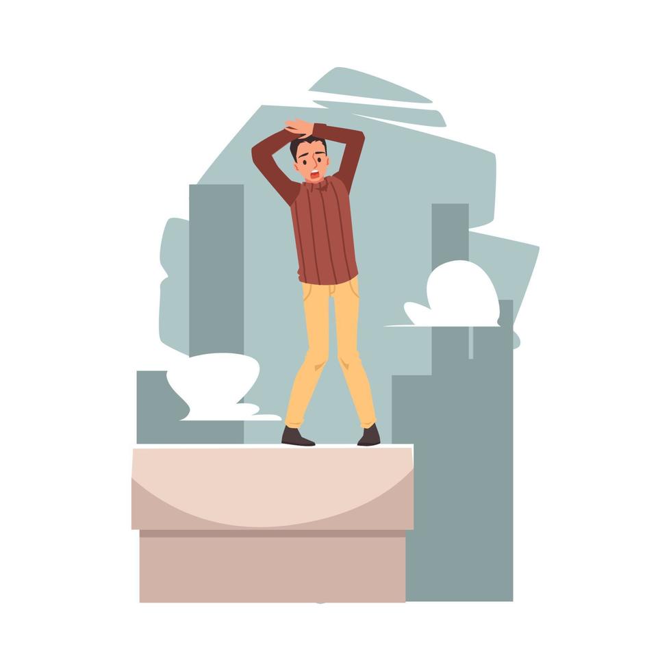 Man with fear or phobia of heights, flat vector illustration isolated.