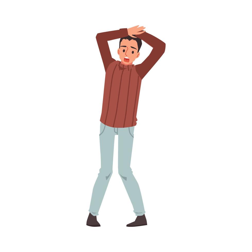 Frightened scared man clutching his head in panic or fear, flat vector isolated.