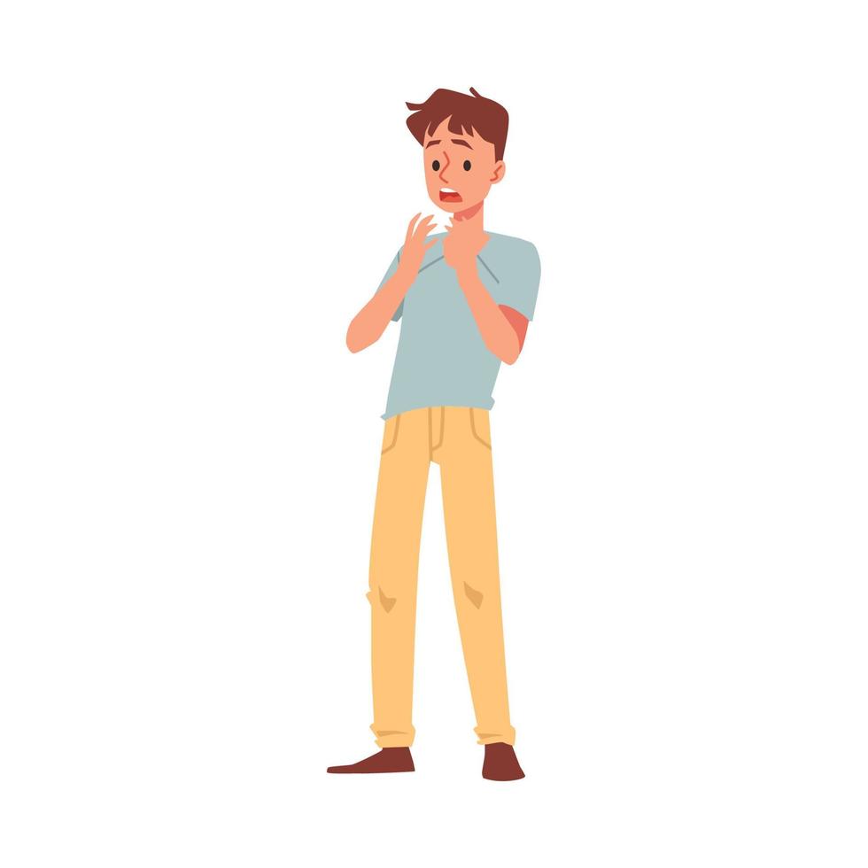 Scared male character with expression panic fear on face afraid something. vector