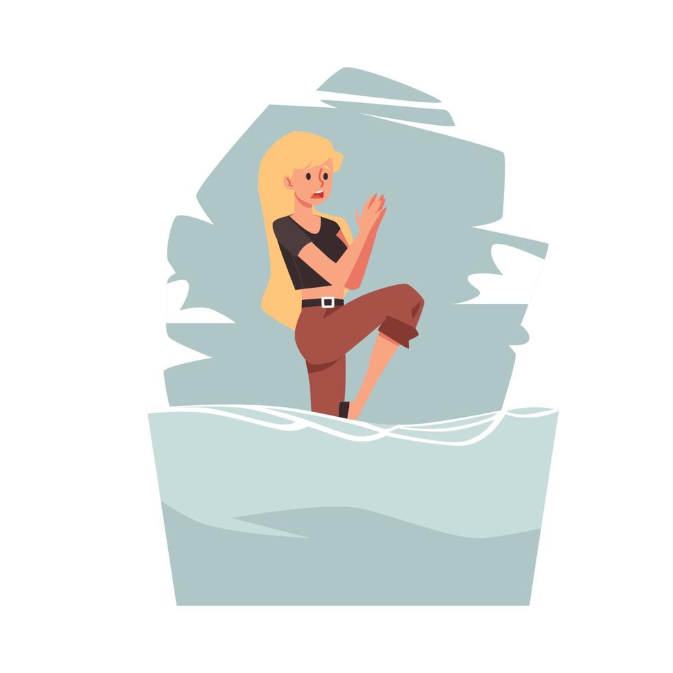 Woman scared of water, flat vector illustration isolated on white background.