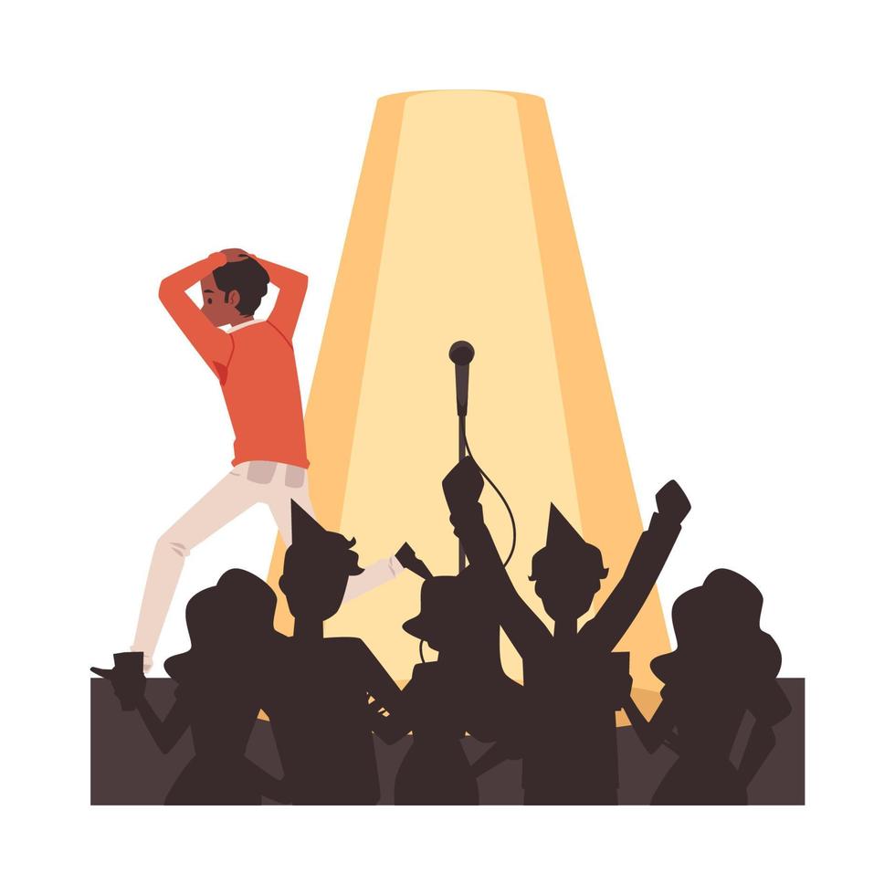 Man with fear of public speaking runs away from crowd, flat vector illustration.