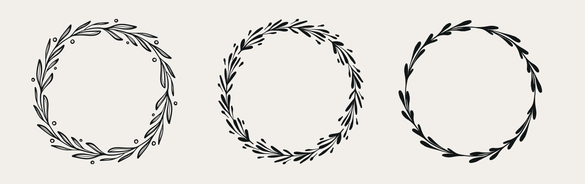 Set of black decorative Circle floral frame. Vector Wreath with branches, herbs, plants, leaves