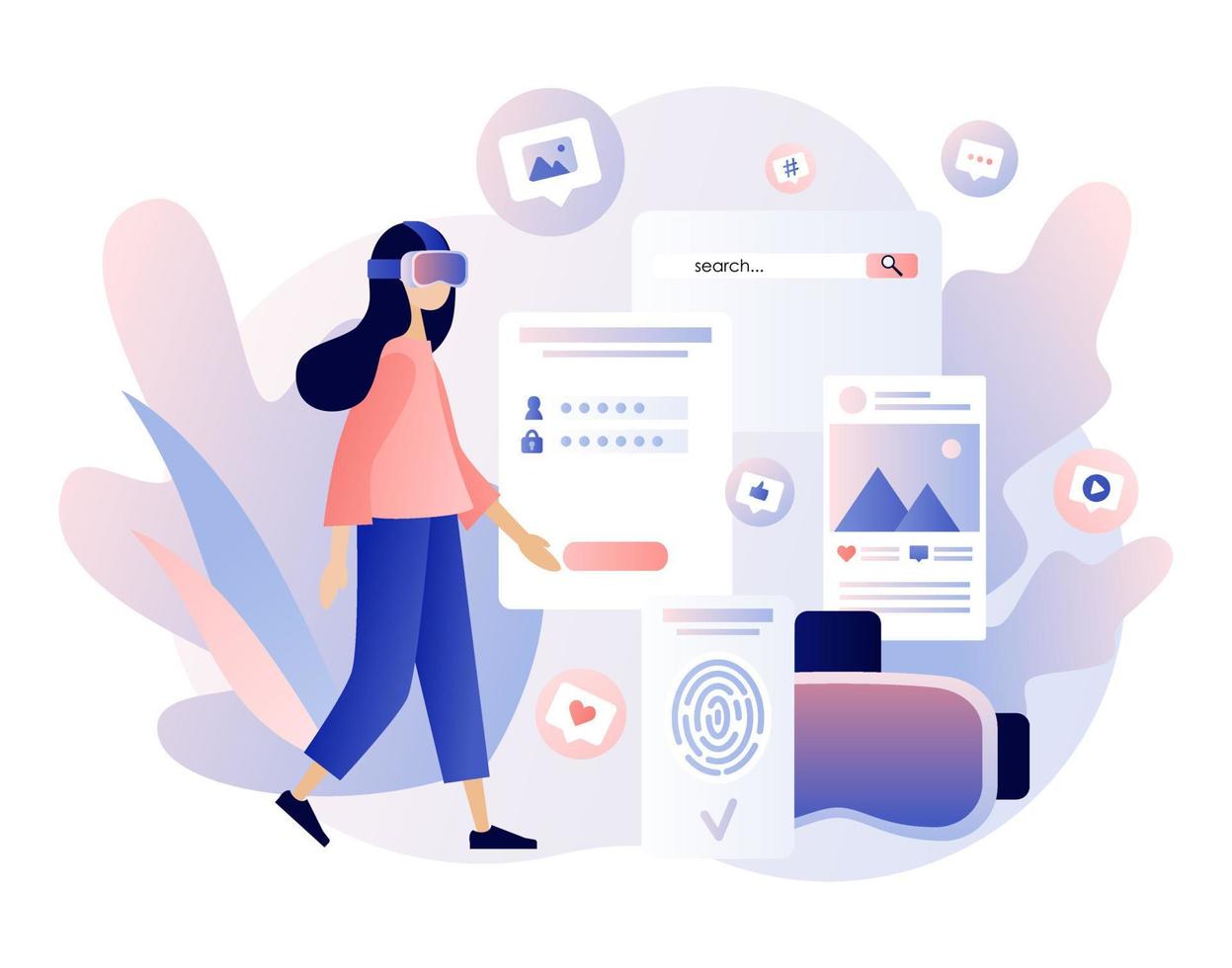 Virtual reality concept. Tiny girl using virtual reality glasses. VR cyberspace. Modern flat cartoon style. Vector illustration on white background