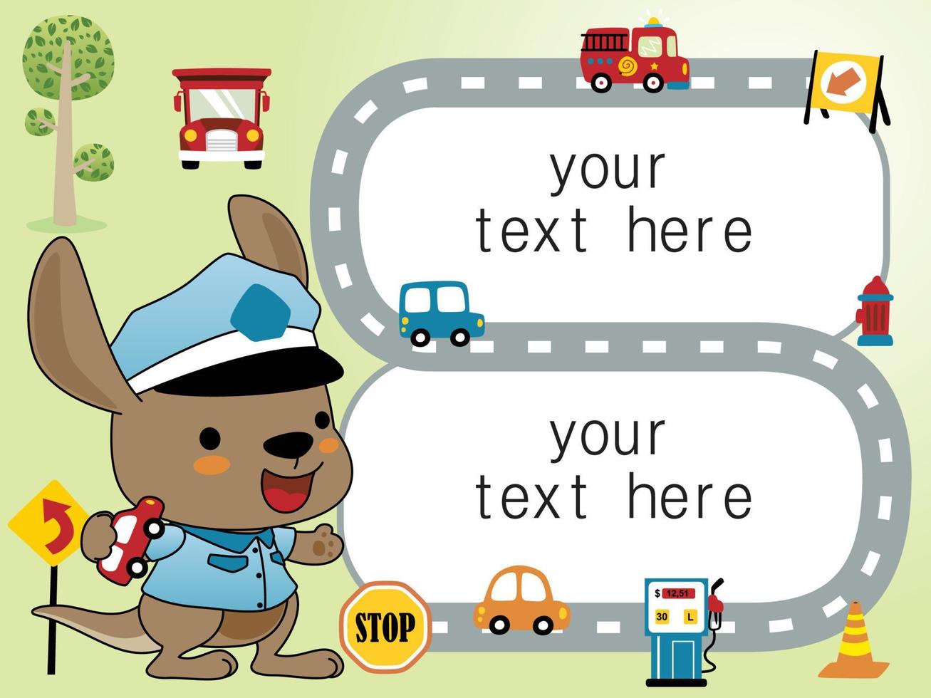 Cute kangaroo cartoon in traffic cop costume with toy cars, border template frame with traffic elements vector