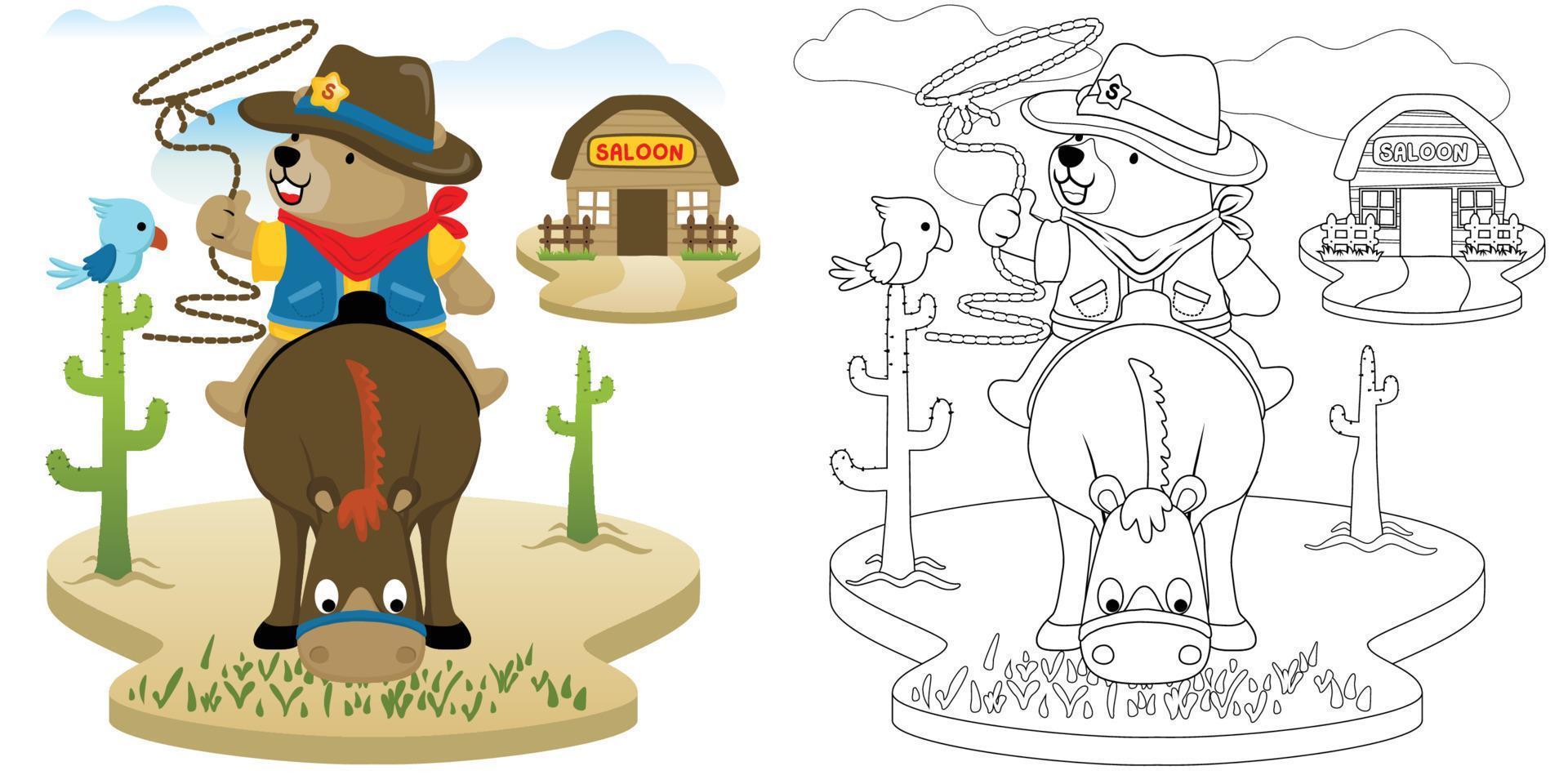 Vector cartoon illustration, coloring book of bear in cowboy costume with lasso riding horse, bird perch on cactus, wild west element cartoon