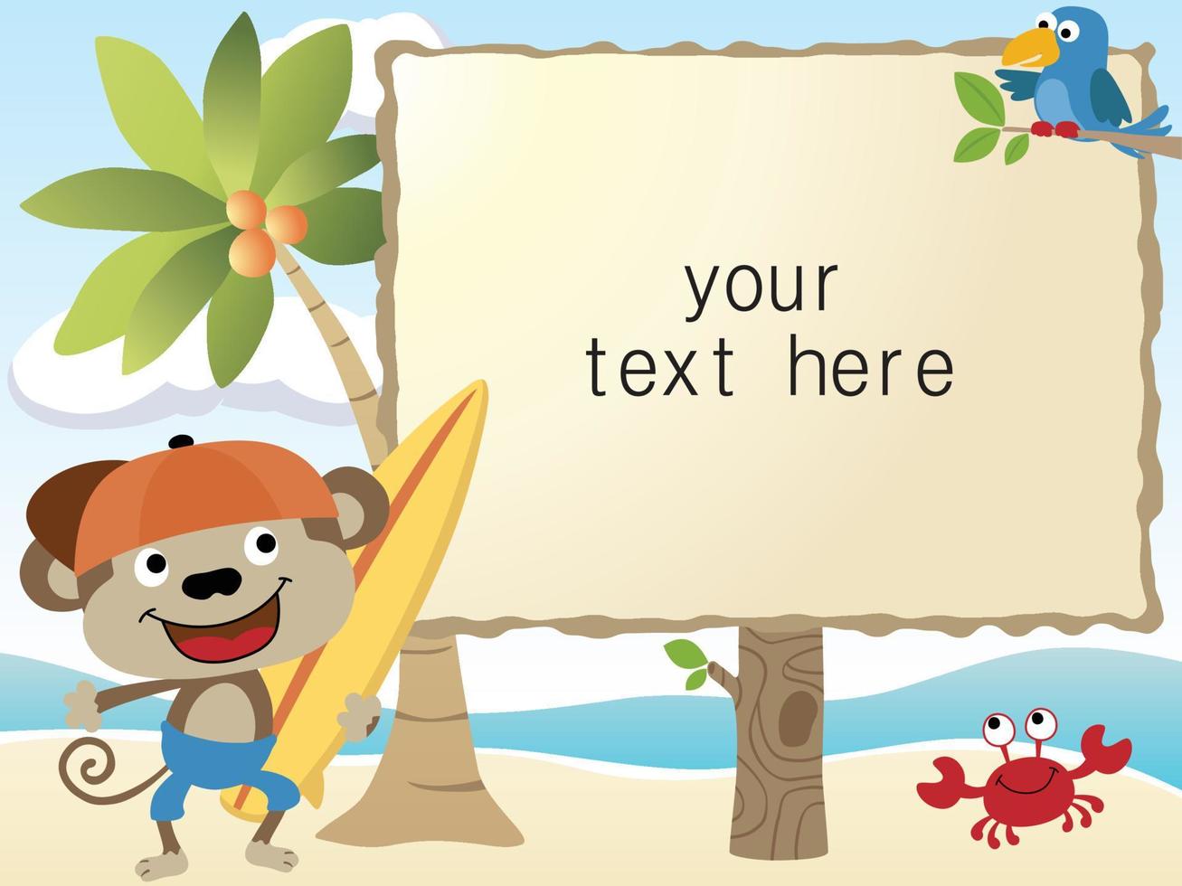 cartoon monkey holding surfboard with bird and crab, text template board in the beach vector