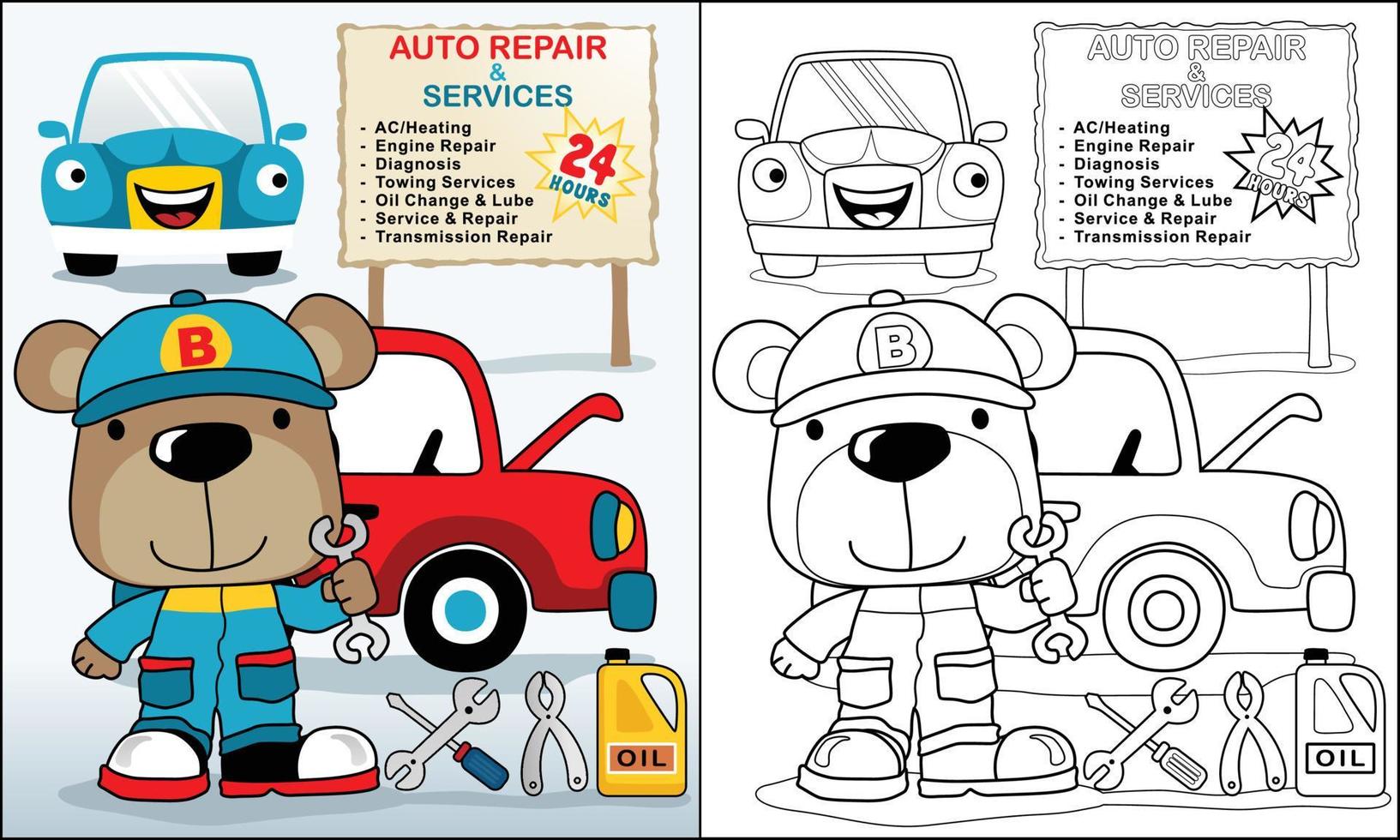 colorante libro de dibujos animados linda oso en mecánico traje, auto reparar tienda elementos dibujos animados vector