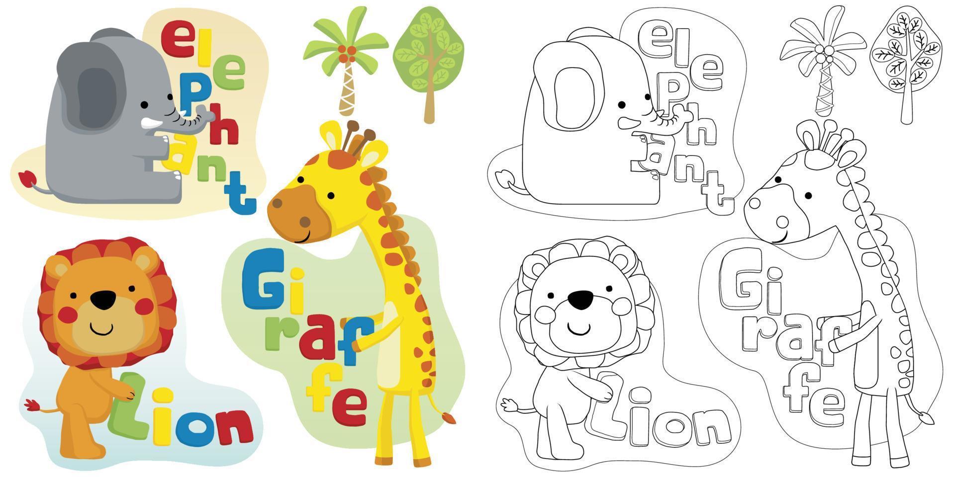 coloring book of nice safari animals cartoon with colorful letters vector