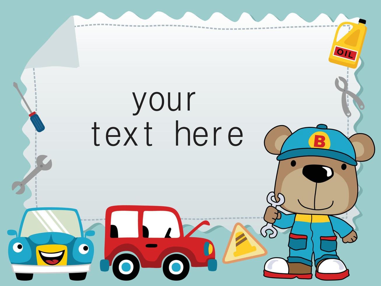 funny bear cartoon in car mechanic costume with its tools standing front of banner template vector