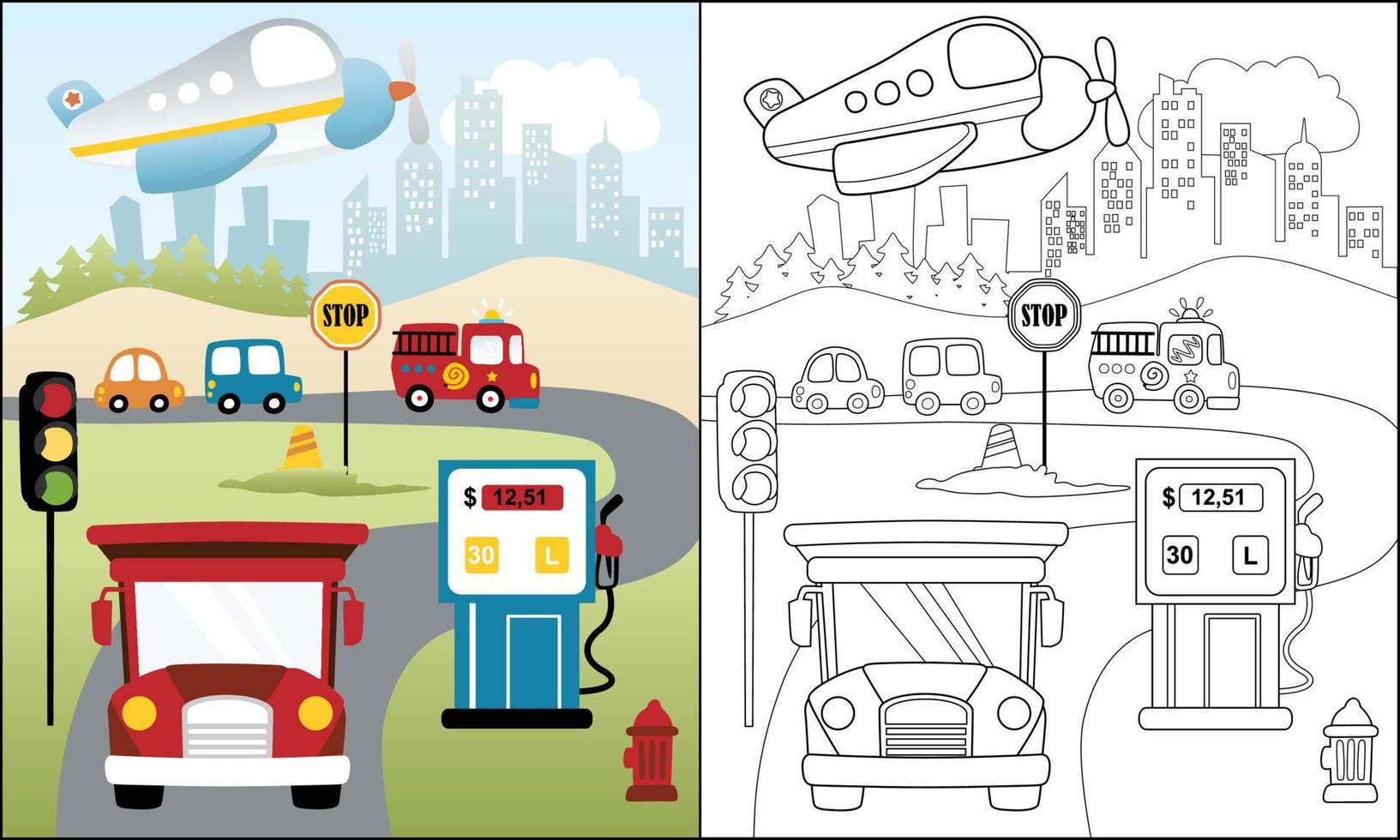 coloring book of transportation cartoon, city traffic elements illustration vector