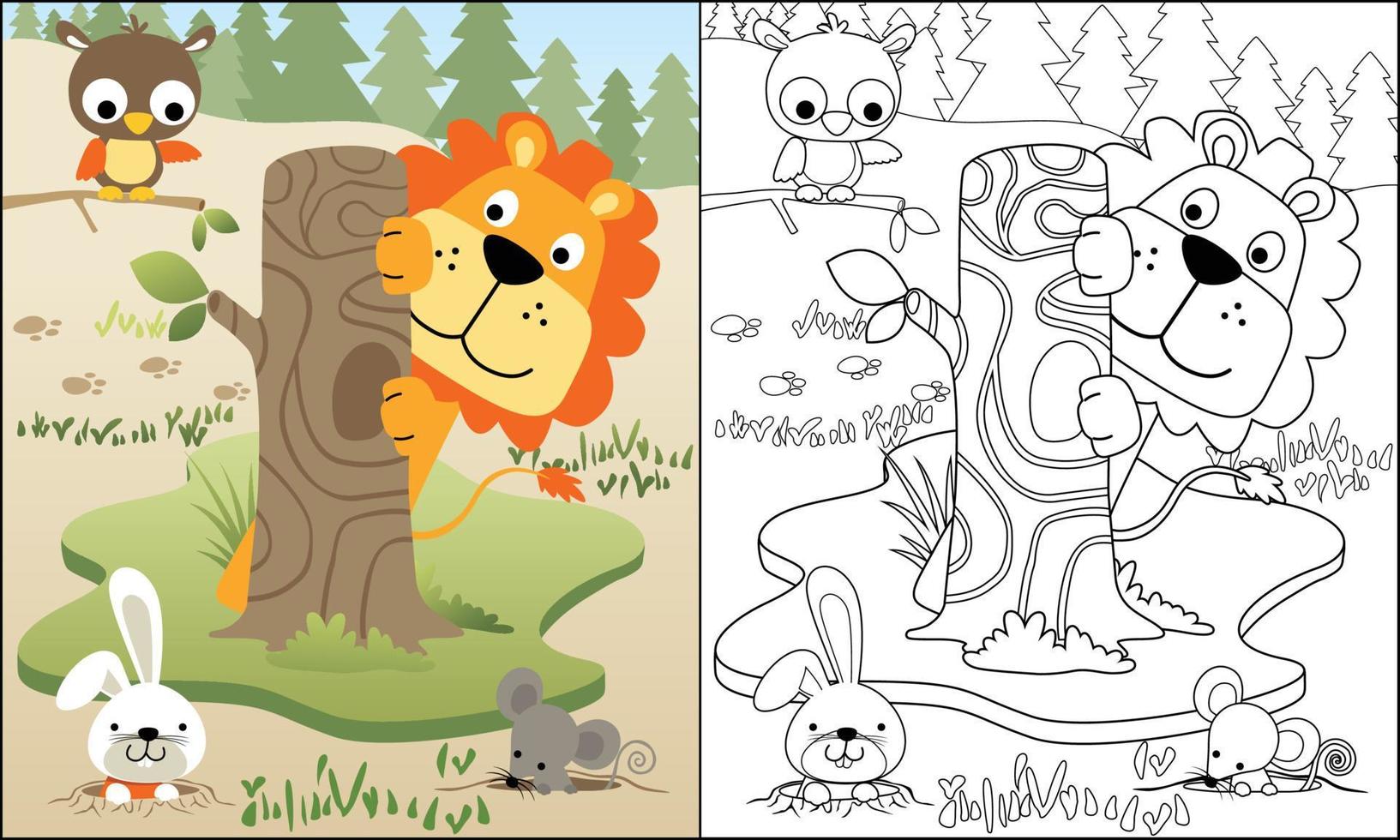 vector ilustración de gracioso animales dibujos animados jugando esconder y buscar en bosque, colorante libro o página