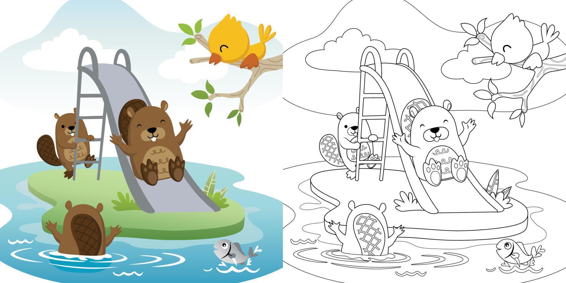 Vector cartoon illustration, coloring book with herd of funny beaver playing slider, bird on tree branches