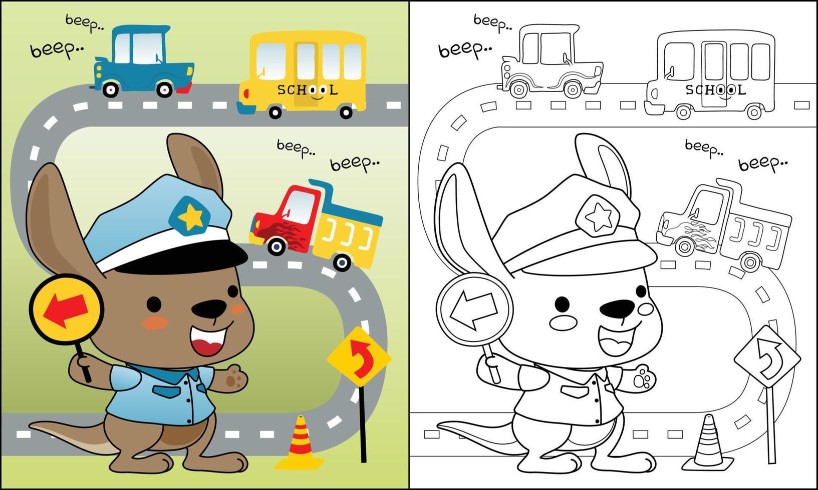 colorante libro de linda canguro dibujos animados en tráfico policía uniforme con vehículos en el la carretera vector