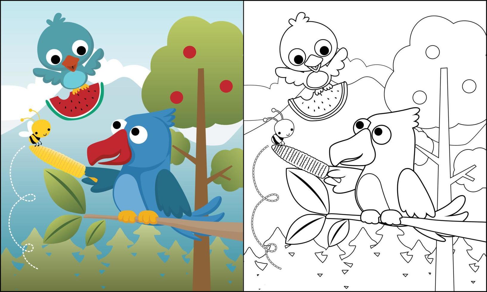 coloring book of birds cartoon carrying watermelon and corn with little bee, cute animals in forest vector