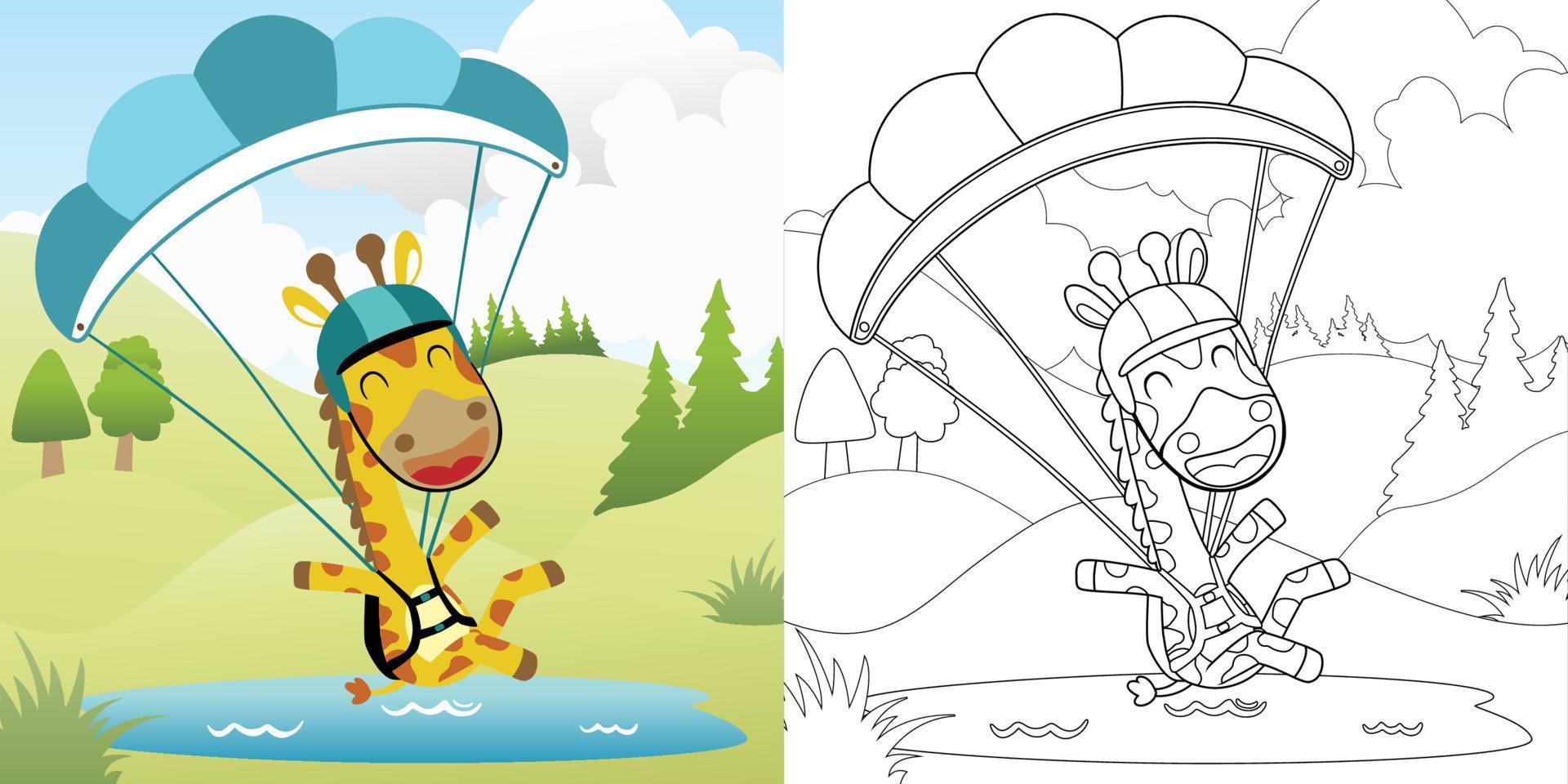 Vector cartoon illustration, coloring book of skydiving giraffe on nature background