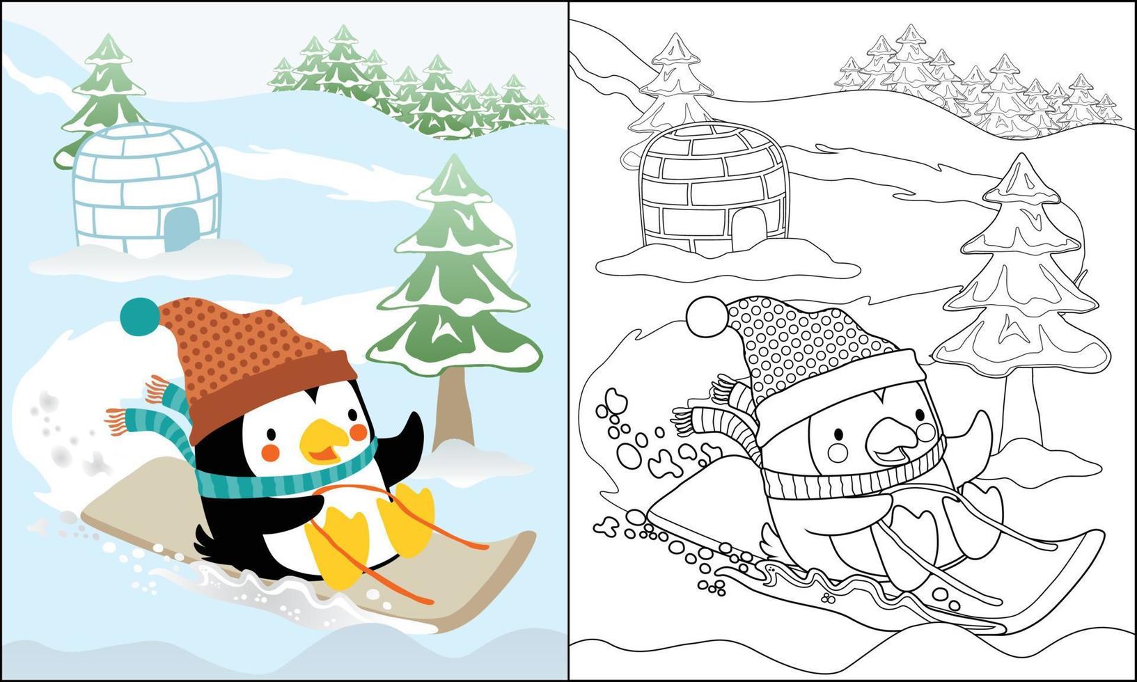 colorante libro de pingüino dibujos animados en invierno Saco en trineo en nieve tierra vector