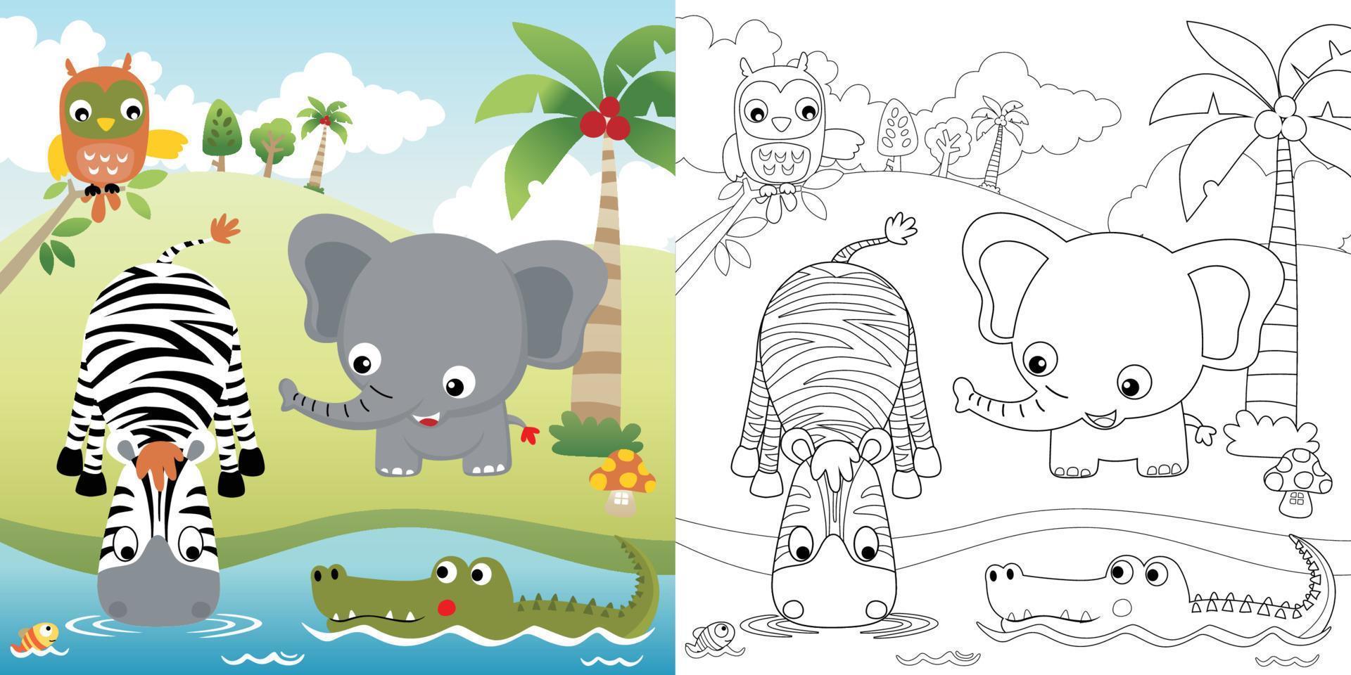 Vector cartoon illustration of funny animals in nature, coloring book or page