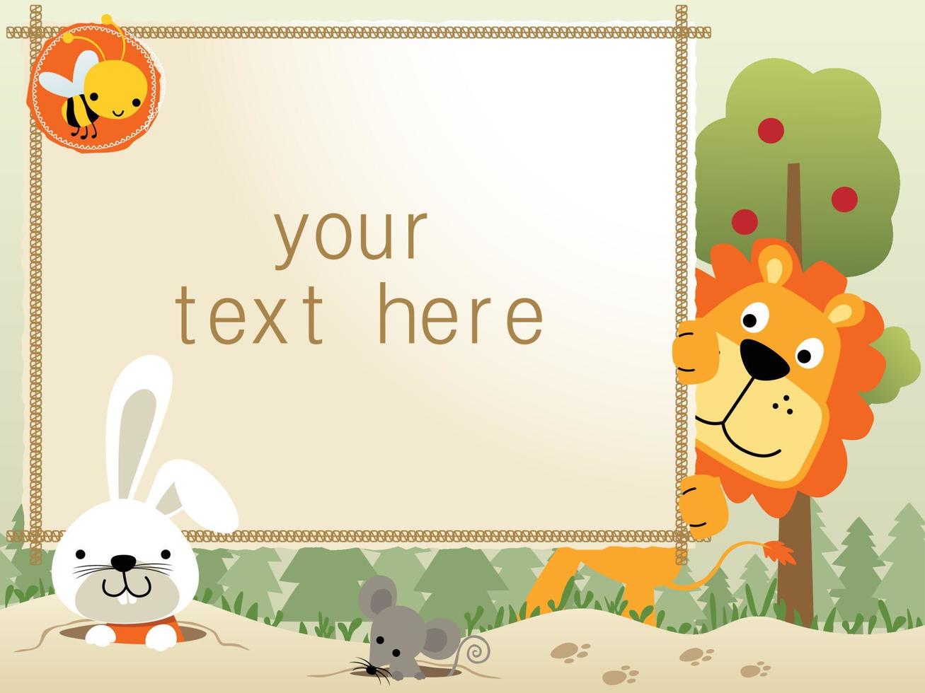 frame border template with funny animals cartoon on trees background vector