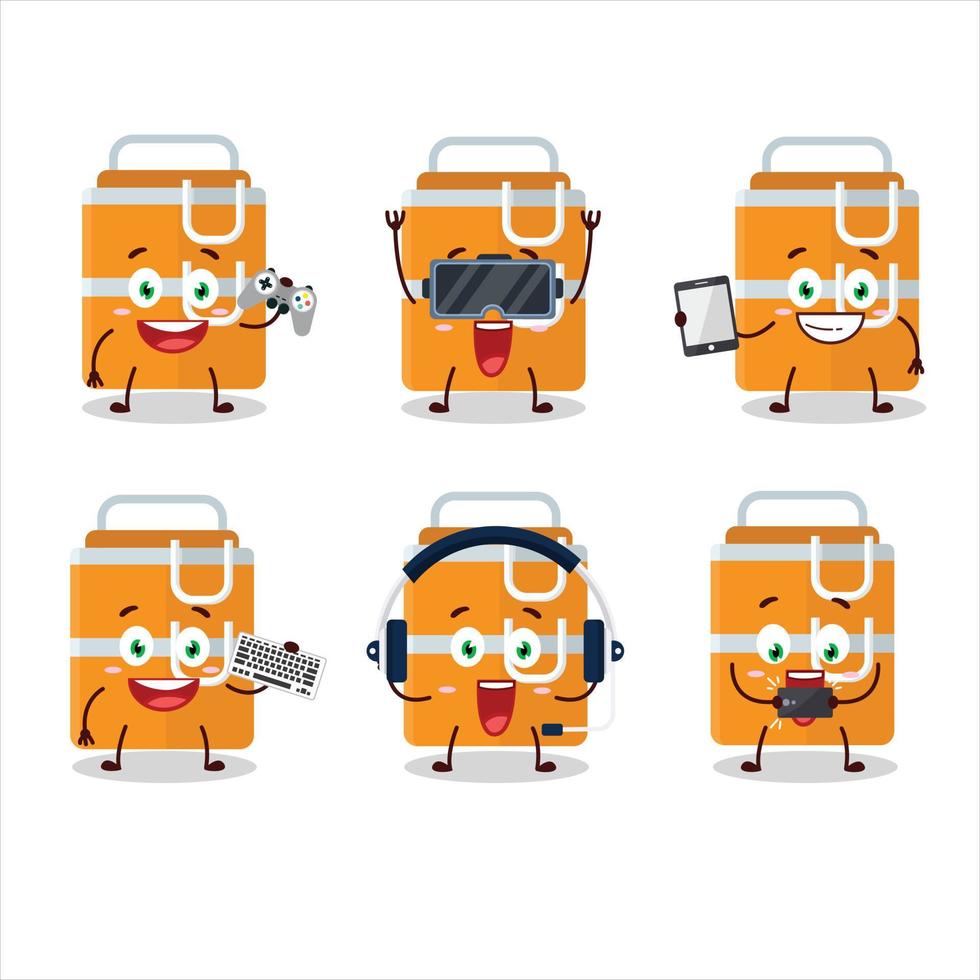 Orange lunch box cartoon character are playing games with various cute emoticons vector