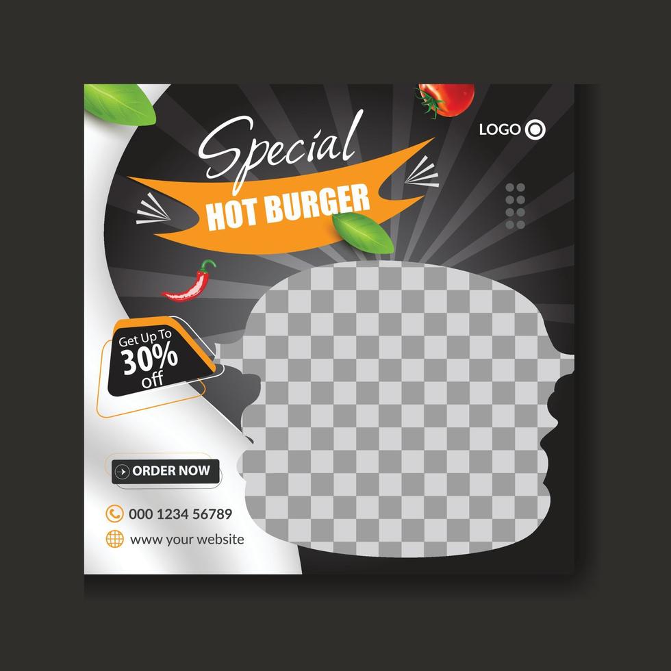 Delicious burger and first food menu social media post design, social media food menu post template simple design Free Vector, special food menu social media post or square flyer template vector