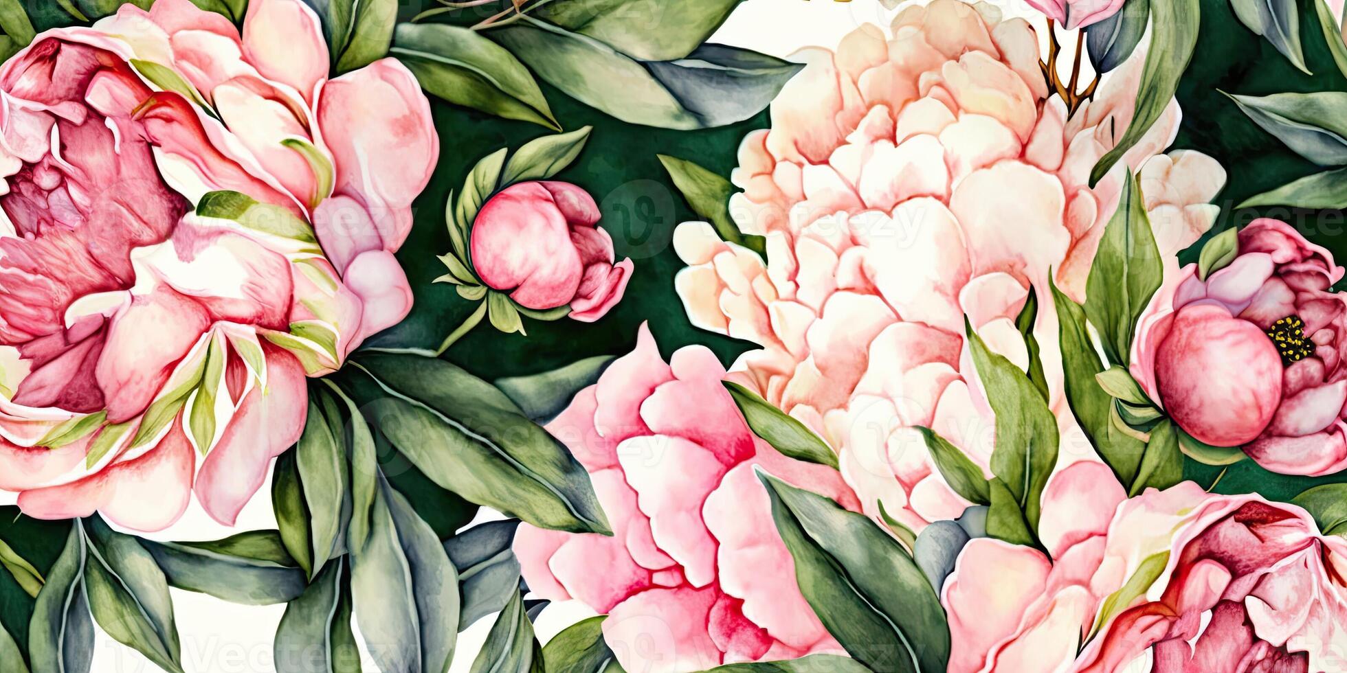 Seamless floral pattern with peonies, pastel watercolor. Illustration. . Horizontal wide subtitle, cover. copy-space photo