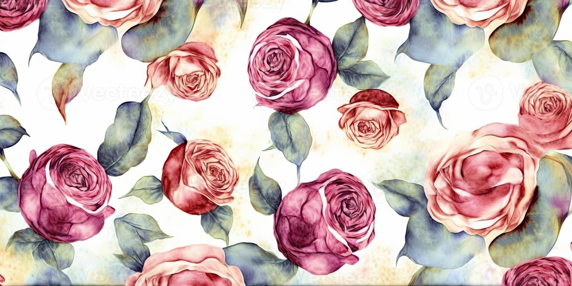 .Floral pattern with roses, pastel watercolor Illustration. photo